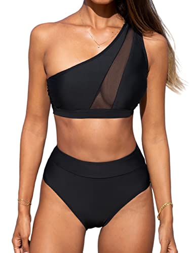 CUPSHE Damen Bikini Set One Shoulder Sheer Mesh High Waist Asymmetrische Bademode Zweiteiliger Badeanzug Swimsuit Schwarz M