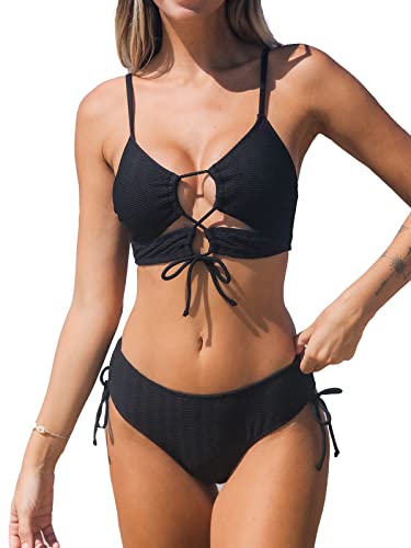 CUPSHE Damen Bikini Set Schnürung Low Waist Bikini Bademode Tunnelzug Texturiert Cutout Zweiteiliger Badeanzug Swimsuit Schwarz M