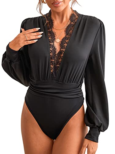 CUPSHE Damen Bodysuit Tiefer V Ausschnitt Spitzenbesatz Langarm Raffungen Bodies Casual Langarmshirt Overall Blusenbody Top Schwarz M