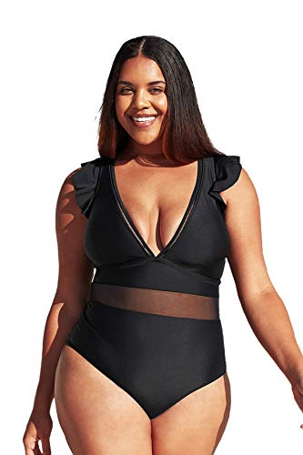 CUPSHE Damen Große Größen Badeanzug V Ausschnitt Volantsärmel Mesh Sheer Einteilige Plus Size Bademode Swimsuit Schwarz XXL