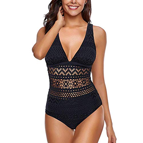 Damen Sexy Monokini Spitze V Ausschnitt Badeanzug Bauchweg Figurformend Push Up Einteilige Bademode Schlankheits Badeanzug mit Shaping Effekt Badebekleidung