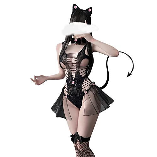 Dessous-Sets FüR Damen Räumungsverkauf！ Sexy Damen Dessous Katze Cosplay hohl Babydoll Unterwäsche Schwanz Glocke Stirnband Schlafanzug Jumpsuit Anzug