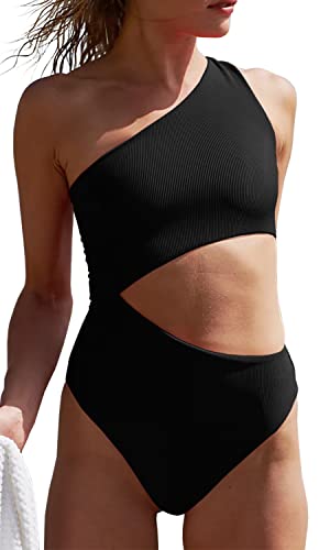 Ebifin Damen Badeanzug Sexy One Shoulder Cutout Bademode Tankini Gerippt Einteilige Bademode Swimsuit Monokini.Schwarz.L