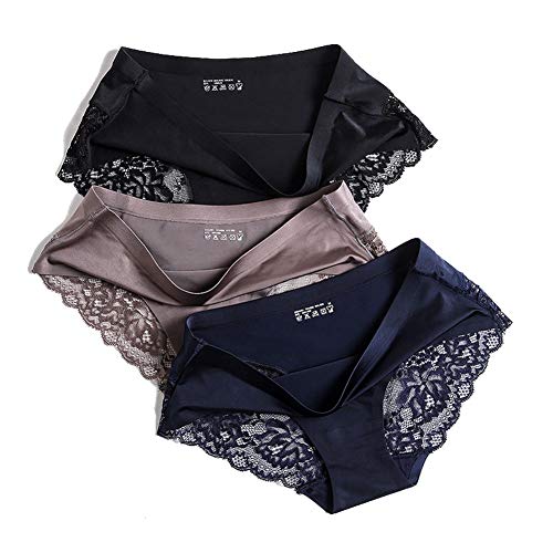 Egurs 3er Pack Luxuriöser Nahtloser Damenslip mit Schlüpfer und atmungsaktiver Spitze Bikinihöschen Stretch-Unterwäsche (Schwarz + Kaffee + Blau) XXL = Eurocode X