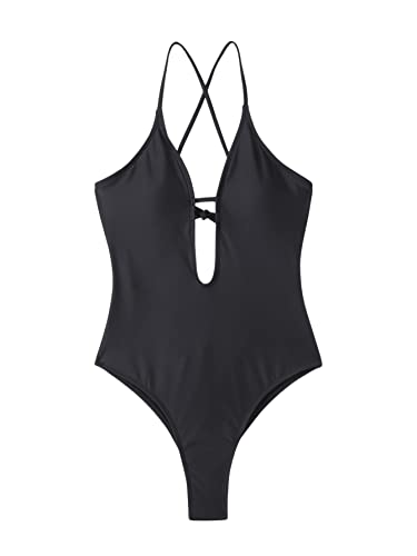 GORGLITTER Badeanzug Damen Mit V Ausschnitt Badeanzug Mit Kreuzgurt Monokini Rückenfrei Einteiliger Badeanzug Sexy Bademode Schwarz S