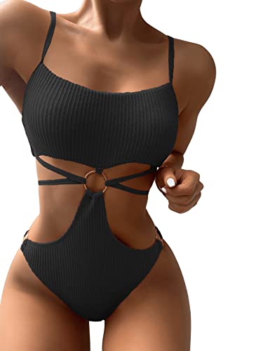 GORGLITTER Damen Badeanzug Cut-Out One Piece Swimwear Bügellos Spaghettiträger Einteilige Bademode mit Ring Schwarz S