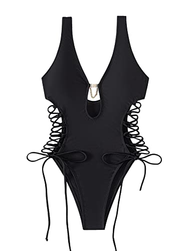 GORGLITTER Damen Cut-Out Badeanzug One Piece Swimwear Träger Einteilige Bademode mit Band Schwarz M