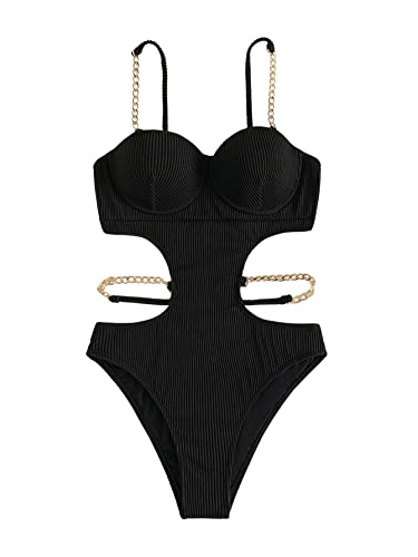 GORGLITTER Damen Cut Outs Badeanzug Push Up One Piece Swimwear Spaghettiträger Einteilige Bademode Badeanzüge mit Ketten Schwarz M