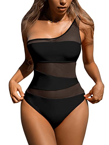 GORGLITTER Damen Mesh Badeanzug One Shoulder One Piece Swimwear Bügellos Einteilige Bademode mit Kontrast Netzstoff Schwarz M