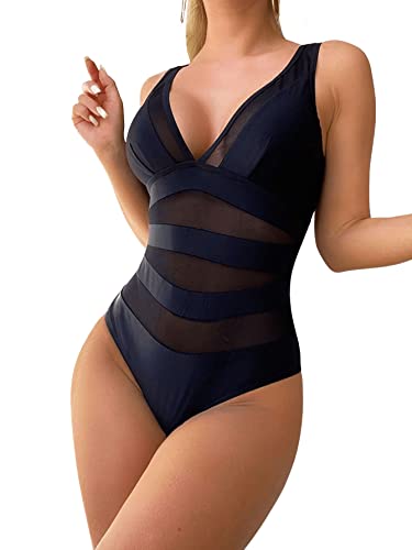 GORGLITTER Damen Mesh Badeanzug V-Ausschnitt One Piece Swimwear Träger Einteilige Bademode mit Kontrast Netzstoff Schwarz XL