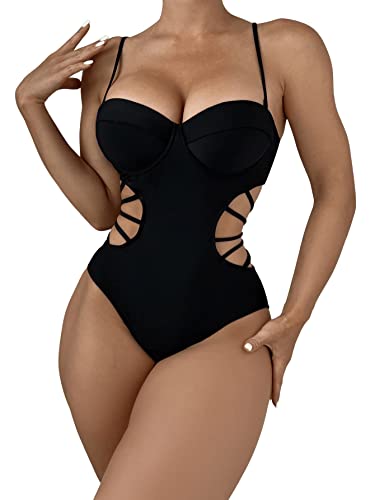 GORGLITTER Damen Push Up Badeanzug Cut Outs One Piece Swimwear Spaghettiträger Einteilige Bademode mit Kreuzgurt Schwarz M