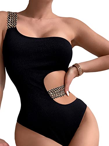 GORGLITTER Einschulterfrei Badeanzug Damen Bademode Monokini Cut Outs Strandanzuge Einteilige Swimsuit mit Spitzenbesatz Schwarz M