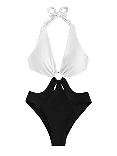 GORGLITTER Neckholder Badeanzug Damen Bauchweg Sexy Badeanzüge Monokini Mit Ring Badeanzug Mit Farbblock Einteiliger Badeanzug Mit Cut Out Schwarz und Weiß S