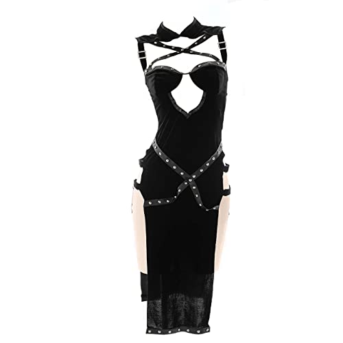 JasmyGirls Anime Dessous Sexy Devil Cosplay Kostüm Freche Hexe Cheongsam Punk Rivets High Slit Dress Assassin Roleplay Outfit