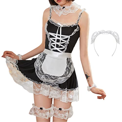 JasmyGirls Damen sexy Französisch Dienstmädchen Kostüm Anime Cosplay Dessous Outfits Rollenspiel Kleid freche Spitze Schürze