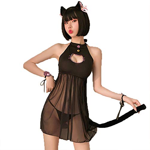 JasmyGirls Sexy Katze Cosplay Dessous Kleid Halloween Kawaii Anime Kätzchen Schlüsselloch Kostüm Niedliche Dienstmädchen Outfit Japanische Lolita Unterwäsche, Schwarz , One size