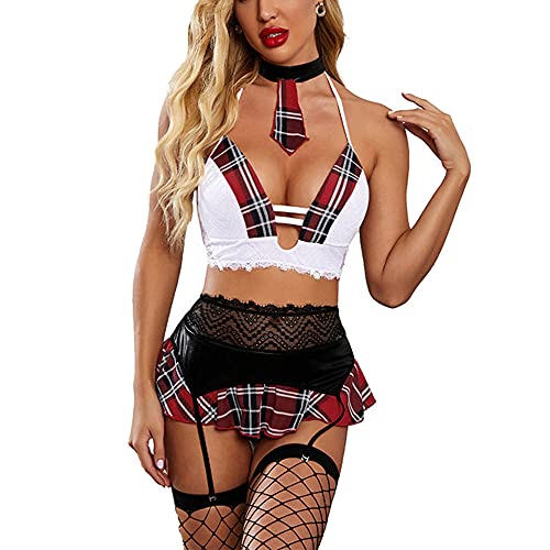 Jungerhouse Damen Sexy Dessous Minirock Set Schulmädchen Outfit Unterwäsche für Sex Mini Tartan Rock Anime Cosplay Kostüm Damen Nachtwäsche Babydoll Reizwäsche Sets (s)