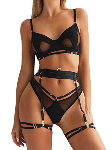 Kimlyf Strapsen Dessous Set für Damen Dessous Sexy Unterwäsche Reizwäsche Set mit Strapsen mit BH und Slip mit Spitze mit Beinbänder Schwarz 4-teiliges Set S