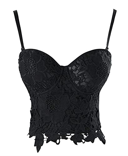 KUOSE Damen Punk Blumenspitze Bustier Korsett Party Bralet Crop Top Schwarz (Schwarz, 36-38)