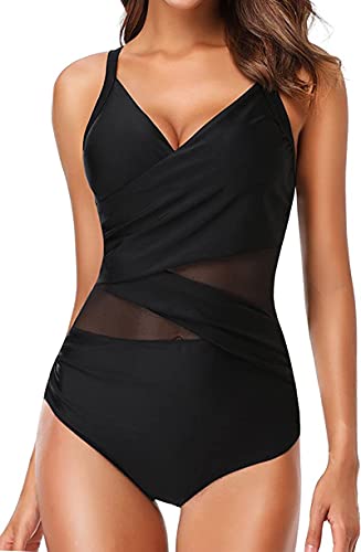 Laorchid Damen Badeanzug Cut Out sexy Bademode Swimsuit Push up figurformend Einteiler Schwimmanzug Damen Schlankheits Sommer Schwarz mit Taille Mesh L