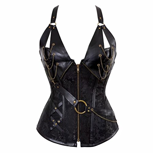 Leder Korsett Steampunk Vollbrust Vintage Corsage Bustier mit träger Gothic Punk Korsage Piraten Top Damen Schwarz S