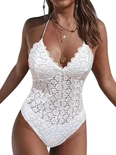 Minetom Damen Badeanzug V Ausschnitt Bademode Bauchweg Einteiliger Sexy Push Up Badeanzüge Swim Suit Monokini Strandmode D Weiß M