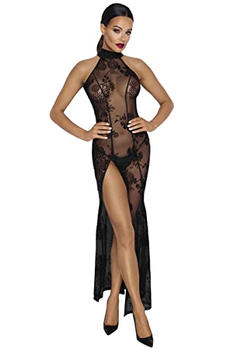 Noir Handmade Langes transparentes Damen Dessous Neckholder Kleid mit Rückenausschnitt und Langen Gehschlitz Tüll und Stickerei S