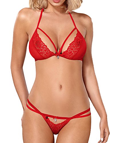 Obsessive. Damen Dessous Dessous Set String und Neckholder BH tiefer Ausschnitt rot aus Spitze transparent mit Bänder Größe: S/M