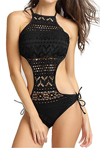 Ocean Plus Damen Schwarz Hochgeschlossen Badeanzug Neckholder Spitze One Piece Cut Out Padded (M/34, A-Schwarz)