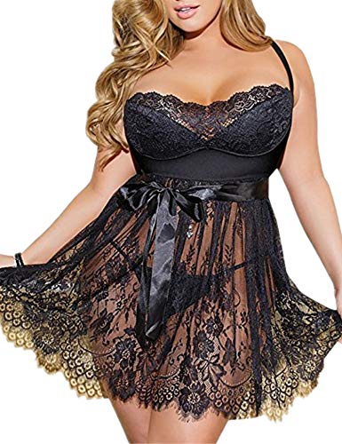 ohyeahlady Damen Kleider Babydoll Lingerie Mesh Spitzen Nachtwäsche Dessous Set Sleepwear Dress Reizwäsche Negligee mit G-String Große Größen(Schwarz,3XL-4XL)