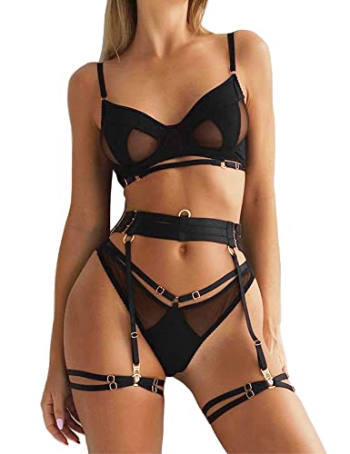 Ojostern Dessous Damen Sexy Unterwäsche Reizwäsche für Frau Strapsen Dessous Sexy Set für Damen mit BH und Slip mit Spitze mit Beinbänder Schwarz S