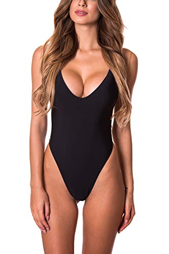 RELLECIGA Damen Monokini One-Piece String Thong Bikini High Cut Badeanzug Schwarz L