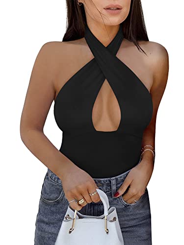 REORIA Damen Sexy Criss Cross Neckholder Ärmellos Party Club Nacht Ausgehen Tanga Bodysuits Tops Schwarz XX-Large