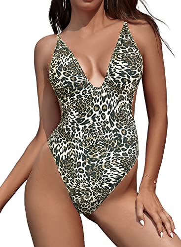 SHEKINI Damen Einteiliger Badeanzug Tiefen V Ausschnitt Rückenfrei Verstellbar Bademode Hoher Schnitt Brasilien Tanga Monokini Strandmode (M,Leopard)