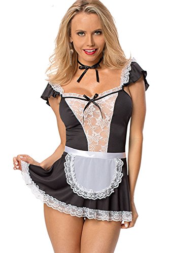 SHESHY Frauen Sexy Dessous Maid Cosplay Kostüm Französisch Naughty Cute Lace Dress Dessous Nachtwäsche (Schwarz, S)