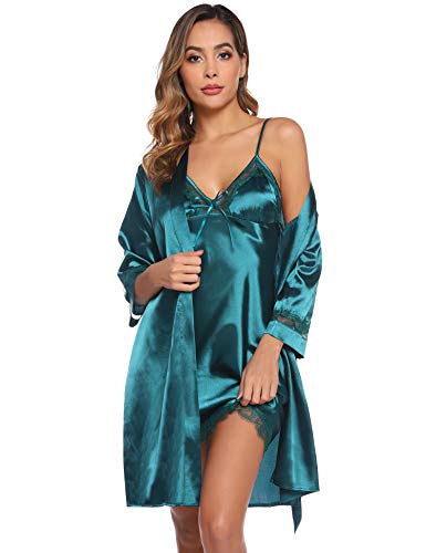 Sykooria Zwei Stücke Nachtwäsche Satin Morgenmantel Damen Sexy Kimono Damen Bademantel Kurz V Ausschnitt mit Gürtel und Babydoll Dessous Negligee Nachthemd Damen Sexy für Valentinstag, Dunkelgrün XXL