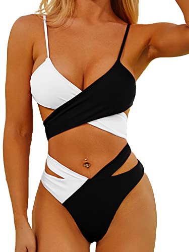 Tofern Damen Bikini Set Kreuz Bandage Zweiteiliger Badeanzug High Waist Sexy Modern Swimsuit