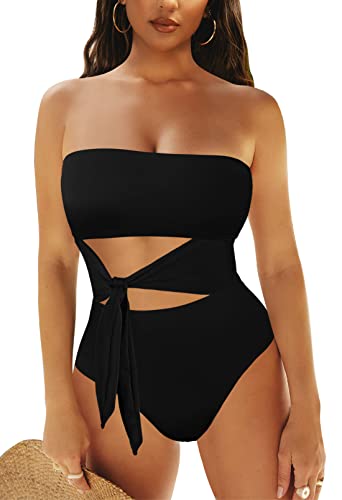 Viottiset Damen Bandeau Trägerloser Einteiler Wickel Badeanzug Hoher Schnitt Monokini Badebekleidung Schwarz Large