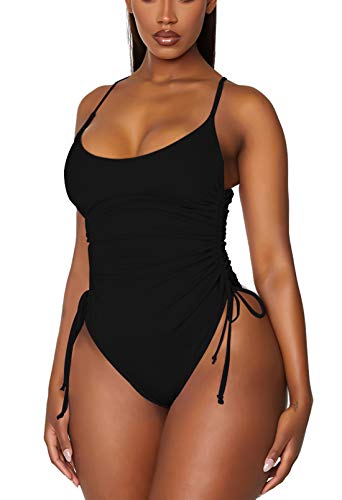 Viottiset Damen Einteiliger Badeanzug Bauchkontrolle Hohe Taille Bademode Plissee Strandkleidung Monokini Schwarz Groß