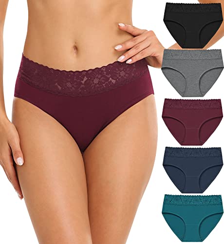 Wealurre Damen Unterhosen Spitze Slip Baumwolle Hipster Damen Höschen Unterwäsche Frauen im 5er Pack,Dunkle Farbe,M