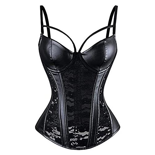 Woboren Damen Burlesque Vollbrust Faux Leder Korsett Corsage Top Bustier Schwarz (Schwarz, L)