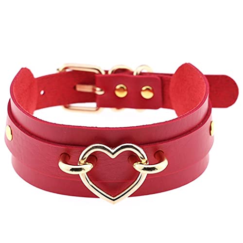 Aabellay Breit Lederhalsband Halskette Herz Form Damen Leder Choker Metall Ring Halsband Gotik Punk Rock Lederband Einstellbar Kragen – Rot mit Gold Herz