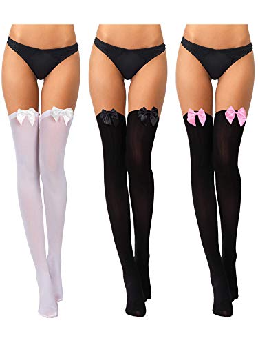 Boao 3 Paar Damen Schleifen Spitze Overknee Strümpfe Oberschenkelhohe Socken für Halloween Valentinstag Kleid