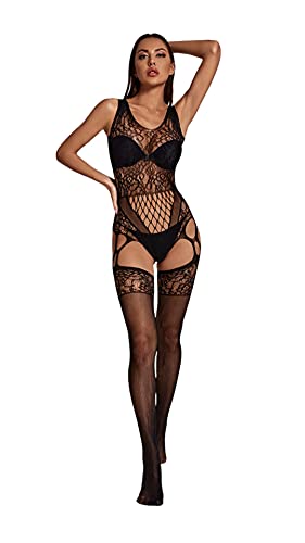 Bommi Fairy Damen Reizwäsche Spitzen Teddy Unterwäsche Strapsen Negligee Nachtwäsche Nachthemd Halfter Sling Unterwäsche Lingerie Transparente Babydoll mit Strumpfhaltergürtel-Dessous (Schwarz)