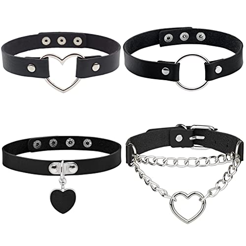 Conruich 4 Stück Leder Choker Damen Herz Anhänger Choker Einstellbar PU Leder Halskette Set Metall Ring Halsband Schwarz Punk Rock Gothic Halsband Kragen mit Kreis Herz für Frauen Zubehör