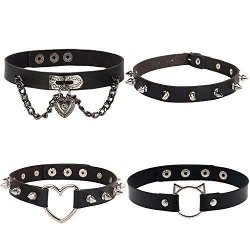 Conruich 4 Stück Leder Nieten Choker Damen Herz Anhänger Choker Einstellbar PU Leder Halskette Set Metall Ring Halsband Schwarz Punk Rock Gothic Halsband Kragen mit Kreis Herz für Frauen Zubehör