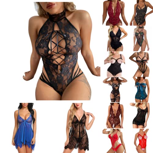 Dasongff Damen Sexy Reizwäsche Spitze Negligee Transparente Unterwäsche V-Ausschnitt Babydoll Lingerie Negligee Nachtwäsche Dessous Set 2 Stück BH und Höschen Set mit G-String…