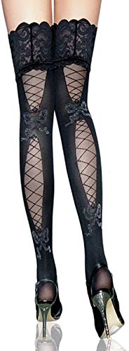 krautwear Damen Straps Strumpfhose Strümpfe Halterlos Strapsstrümpfe Spitze (Schwarz-BL2076)