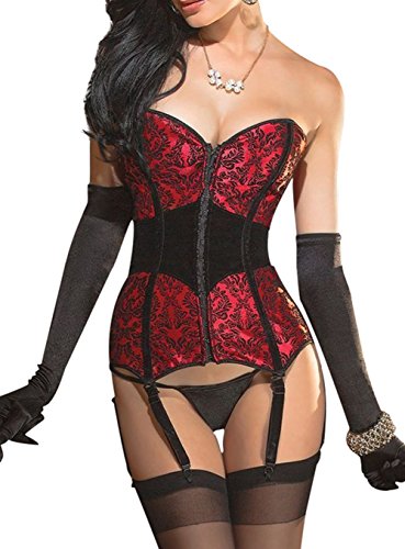 KUOSE Damen Burleske Body Shaper Mieder Vollbrust Corsage Top mit Strapshalter, Farbe Rot/Schwarz, Size M