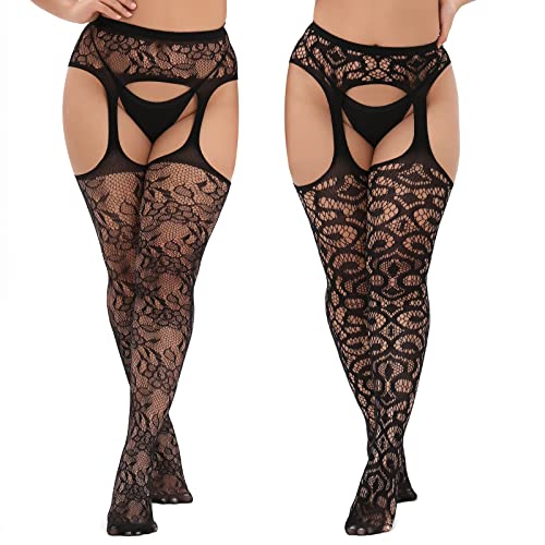 MANZI 2 Paar Strapstrümpfe für Damen Große Größen Sexy Muster Strumpfhosen Elastisch Schwarz Halterlose Netzstrümpfe,Camellia & Round